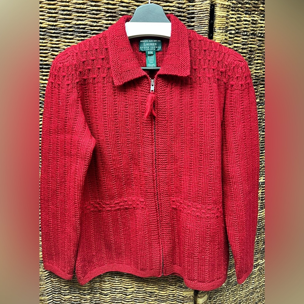 Lauren Ralph Lauren-Red Women’s Hand knit full zip sweater,‎ Size: Petite Medium